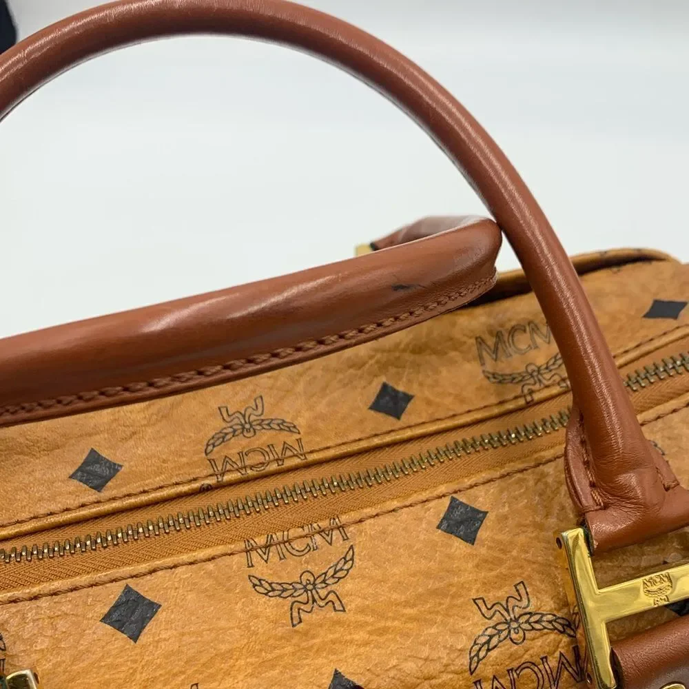 Auth MCM Visetos Cognac Brown Coated Canvas Leather Boston Tote Handbag Preloved
